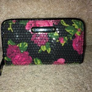 Betsey Johnson black/pink floral sequence wallet.